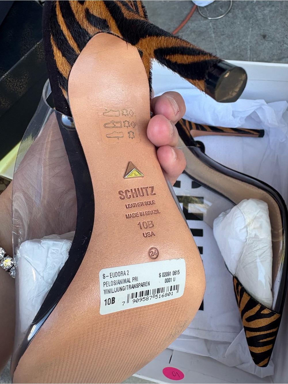 SCHUTZ Zebra-Print Black and Brown Pointed Toe Clear Panel Stiletto Heels - Picture 5 of 8